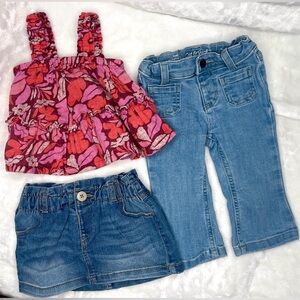 3 Pc Bundle, 12-18 Mo - Pink Red Floral Tank with Light Blue Denim Jeans & Skirt